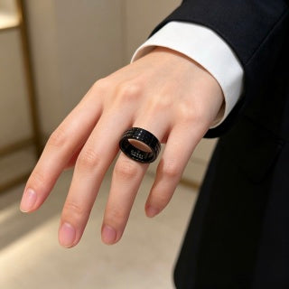 Gucci GG Black Enamel Gold Edge Band Ring